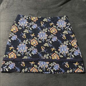 LOFT women’s size 12 mini skirt dark blue orange yellow floral birds high waist
